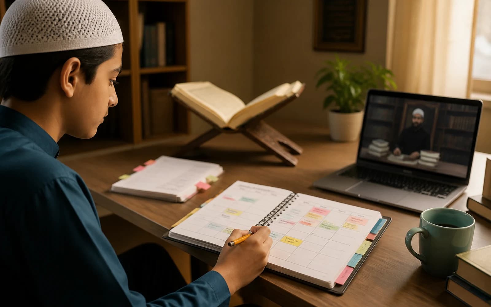 Editorial photograph of Quran Hifz revision routine with memorisation planner and organized study materials.