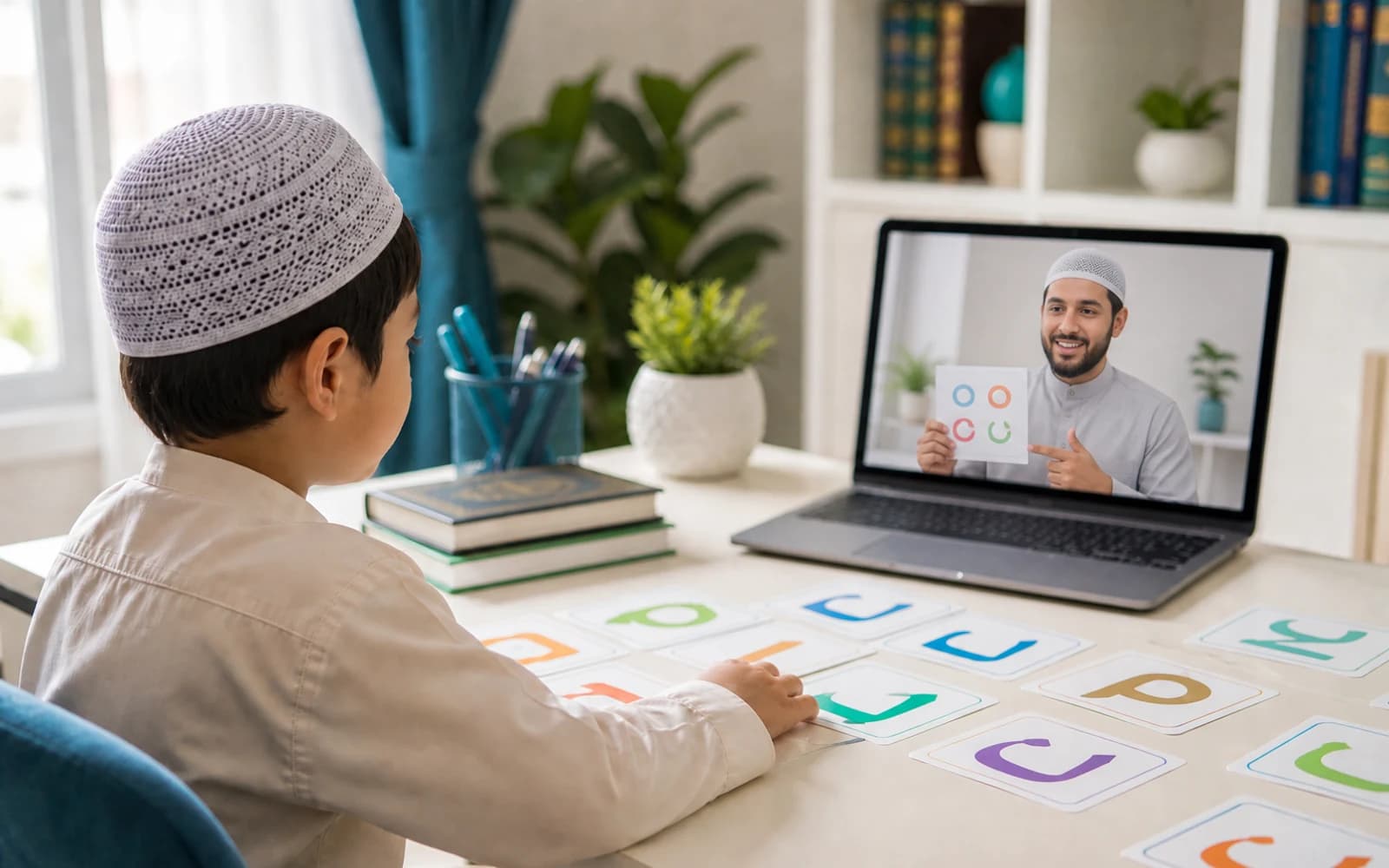 Editorial photograph of a beginner Noorani Qaida online learning session with alphabet materials and guided teacher support.