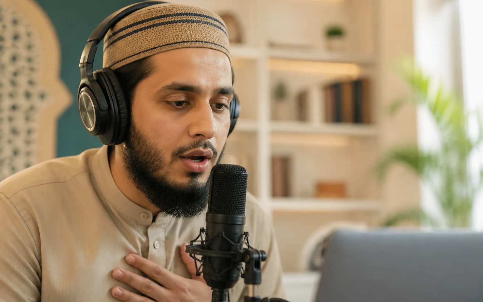 Editorial close-up of active Tajweed recitation with headphones and microphone — guided pronunciation practice.