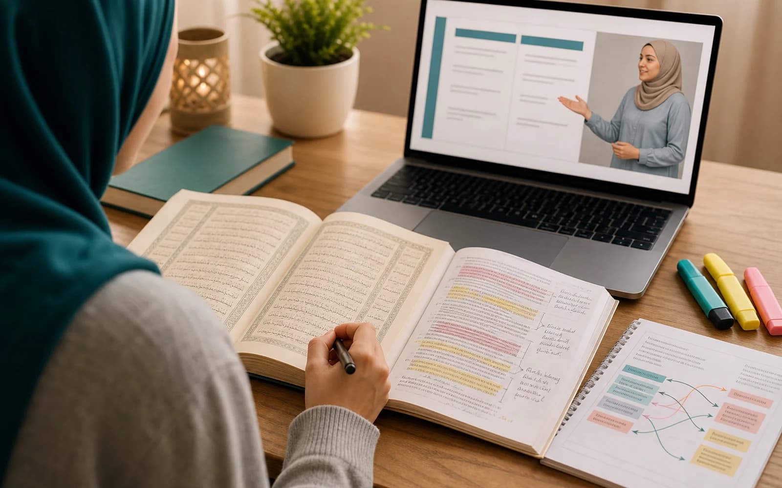 Editorial photograph of Quran translation and meaning comprehension study with guided notes.