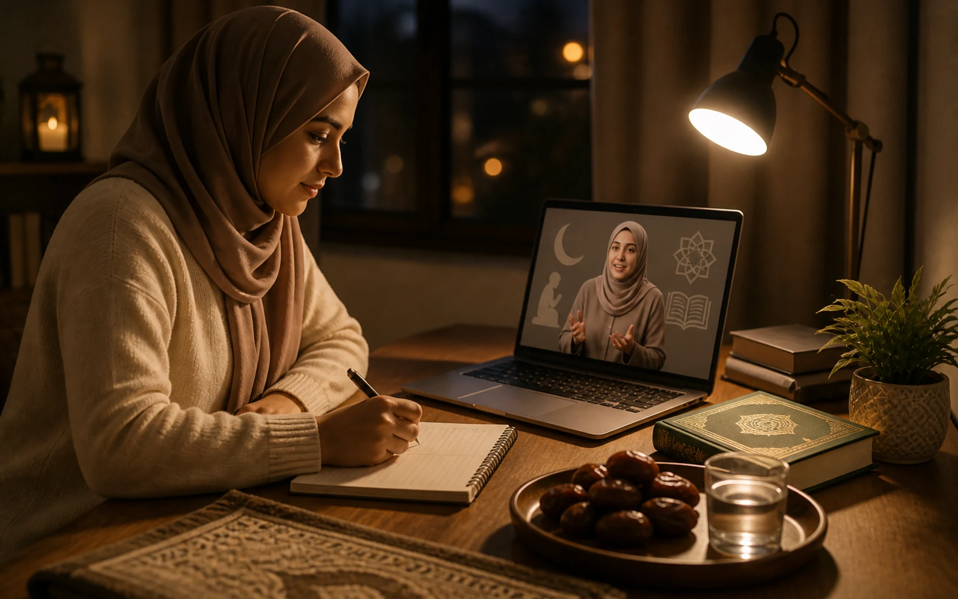Editorial photograph of restrained Ramadan seasonal worship learning online.